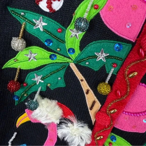 Berek Rare Vintage Tropical Flamingo Christmas Cardigan Sweater M Beaded Sequins - Picture 2 of 12